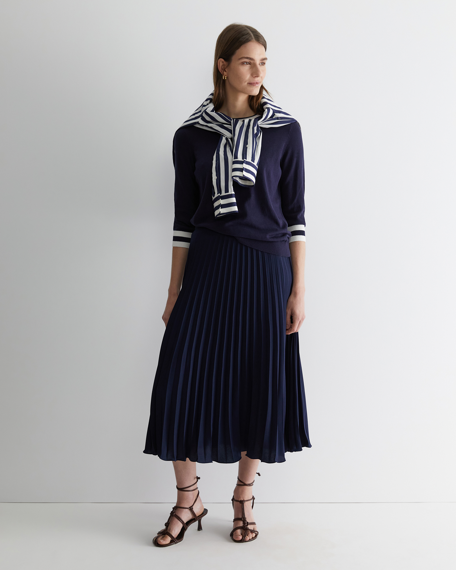 Andrea Pleat Midi Skirt in Navy Sportscraft