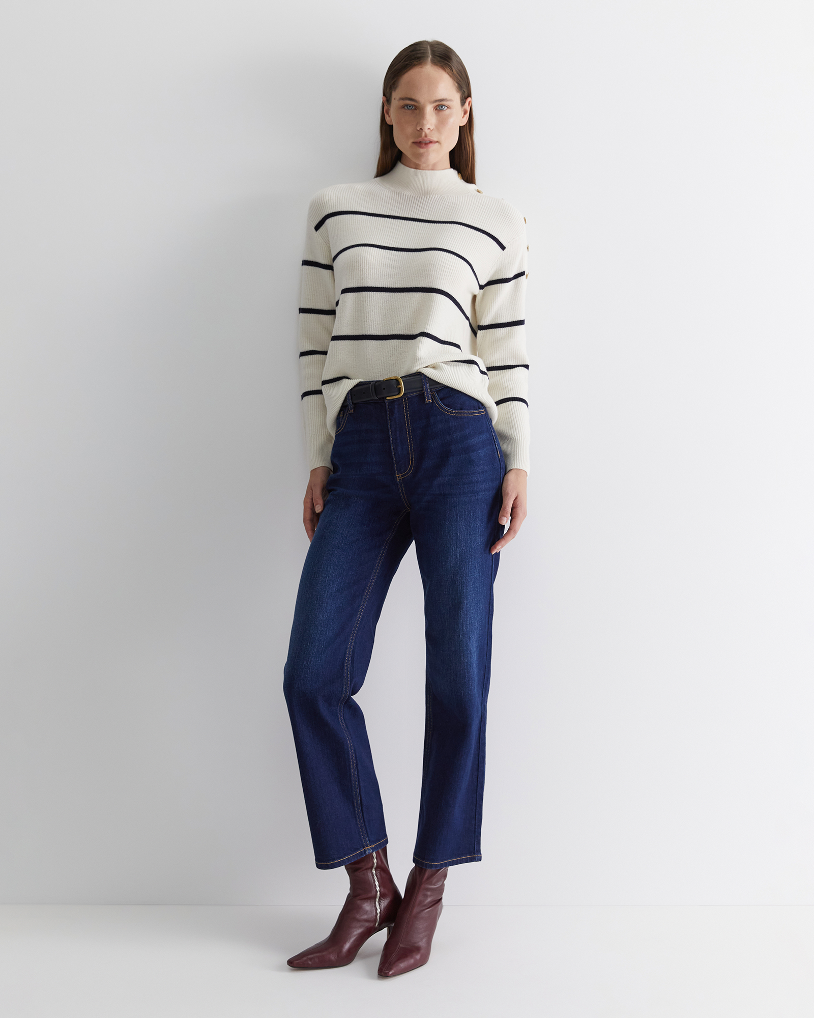 Merino Stripe Button Knit in Whitenavy | Sportscraft