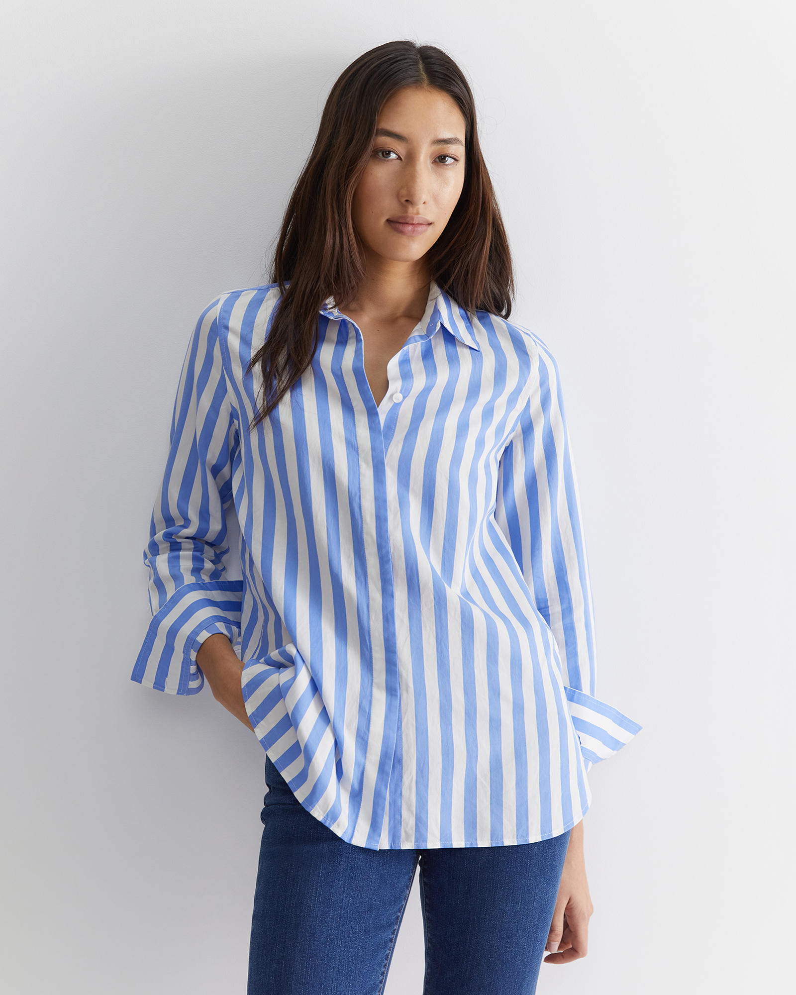 Hayley Stripe Cotton Silk Shirt in Light Blue | Sportscraft