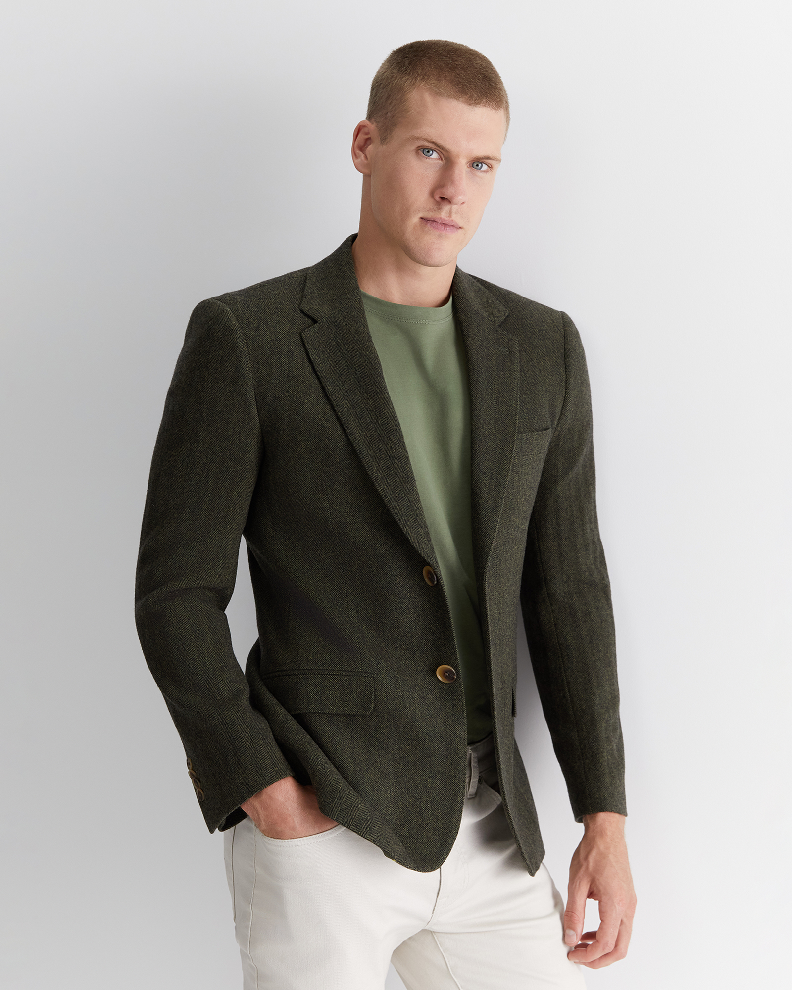 Herringbone Wool Blazer in Moss | Sportscraft