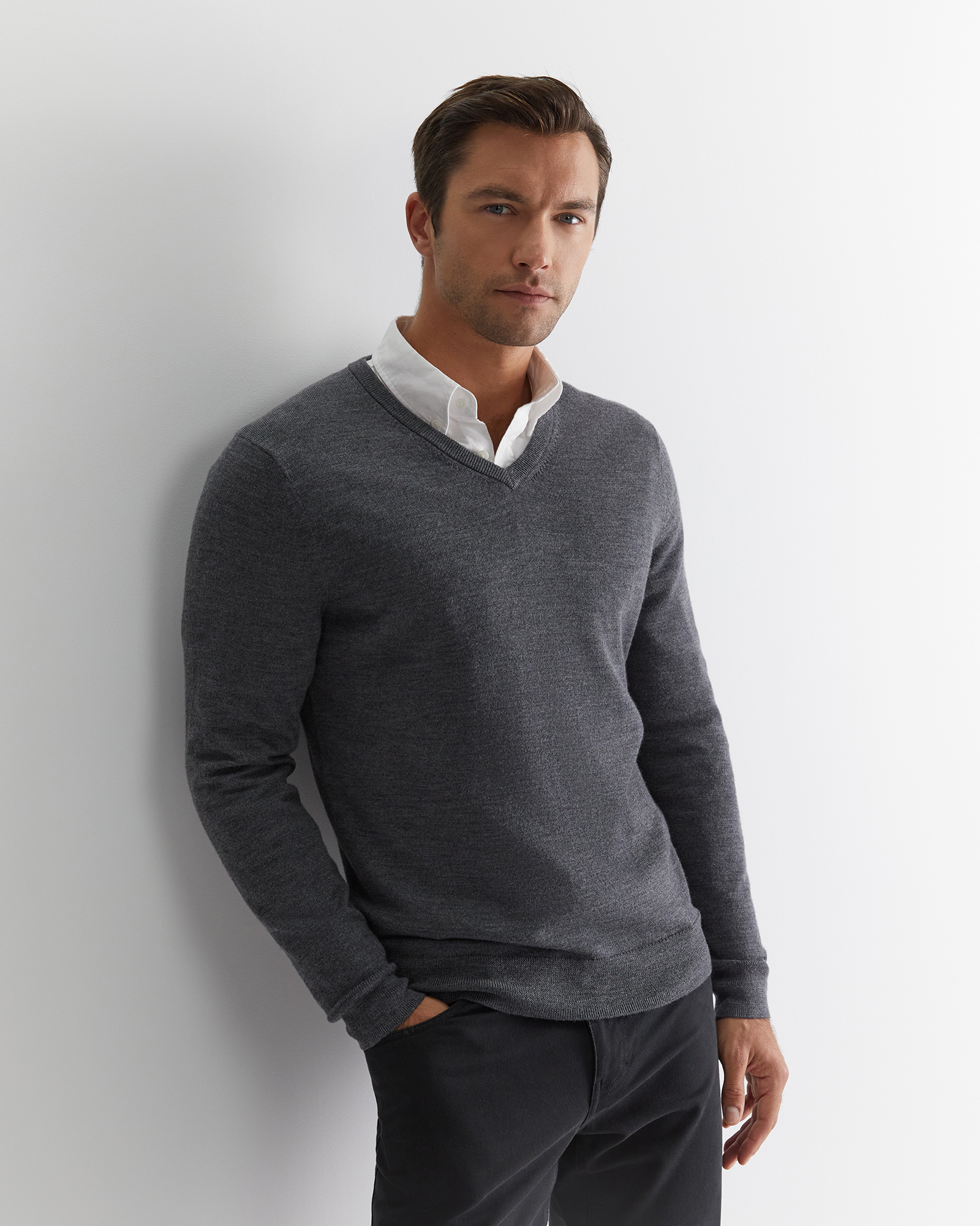 Merino V-Neck Knit in Charcoal Melange | Sportscraft